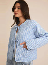 Blue Gingham Heart-Shaped Pocket Padded Jacket